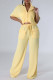 Yellow Casual Solid Color Pocket Buckle Patchwork Turndown Collar Short Sleeve Two Pieces