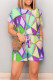 Green Casual Geometric Print Draw String Pocket Contrast O Neck Loose Rompers