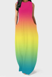 Red Purple Casual Gradient Print Pocket Contrast O Neck Vest Dresses