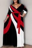 Blue White Elegant Print Patchwork Strap Design V Neck Long Plus Size Dresses