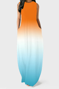 Orange Blue Casual Gradient Print Pocket Contrast O Neck Vest Dresses