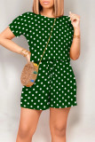 Blue Casual Print Polka Dot Draw String Contrast O Neck Loose Rompers