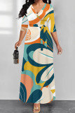 Multicolor Elegant Geometric Print Lace Up Contrast V Neck Printed Dresses