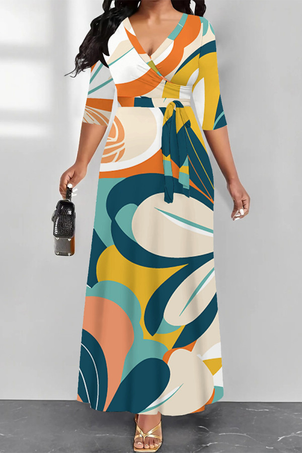 Multicolor Elegant Geometric Print Lace Up Contrast V Neck Printed Dresses