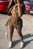 Army Green Sexy Casual Camouflage Print Irregular Turndown Collar Short Sleeve Two Pieces