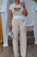 Cream White Casual Letters Draw String Pocket Patchwork O Neck Short Sleeve Two Pieces