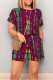 Purplish Red Casual Gradient Print Draw String Pocket O Neck Loose Rompers