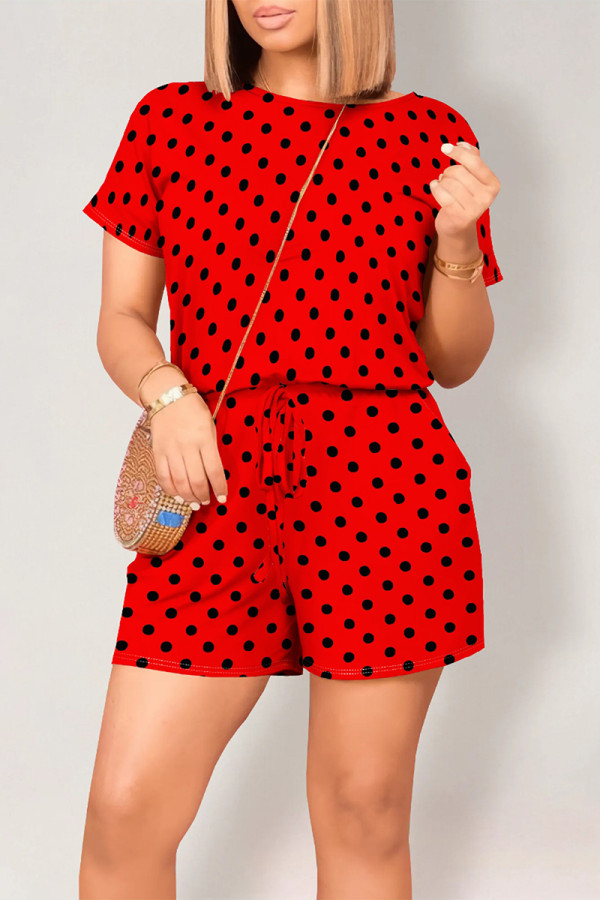 Red Casual Print Polka Dot Draw String Contrast O Neck Loose Rompers
