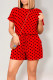 Red Casual Print Polka Dot Draw String Contrast O Neck Loose Rompers