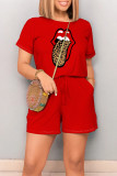 Red Casual Daily Tongue print Draw String Pocket O Neck Loose Rompers