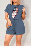 Red Casual Daily Tongue print Draw String Pocket O Neck Loose Rompers