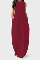 Dark Red Casual Solid Color Pocket O Neck Vest Dresses
