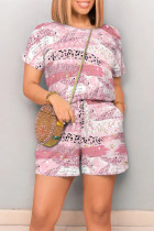 Pink Casual Street Geometric Print Cartoon Print Draw String Pocket Contrast O Neck Loose Rompers