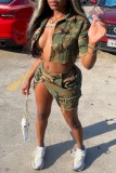 Army Green Sexy Casual Camouflage Print Irregular Turndown Collar Short Sleeve Two Pieces