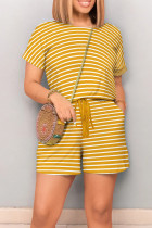 Orange White Casual Striped Patchwork Draw String Pocket O Neck Regular Rompers