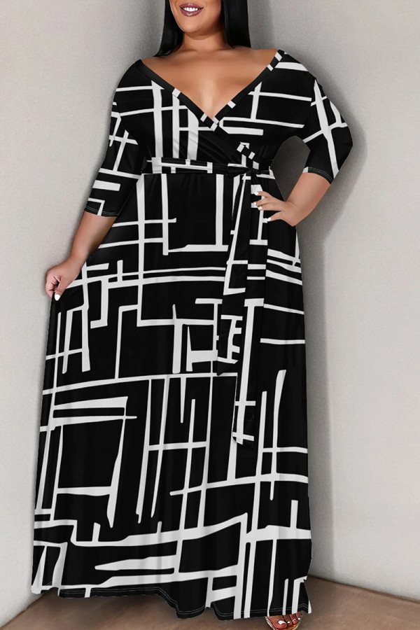 Black And White Elegant Print Patchwork Strap Design V Neck Long Plus Size Dresses
