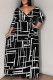 Black And White Elegant Print Patchwork Strap Design V Neck Long Plus Size Dresses