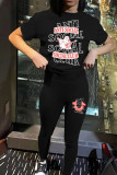 Black Casual Print Patchwork O Neck Short Sleeve Two Pieces