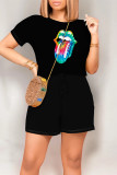 Red Casual Daily Tongue print Draw String Pocket O Neck Loose Rompers