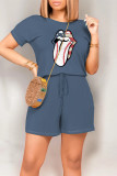 Red Casual Daily Tongue print Draw String Pocket O Neck Loose Rompers
