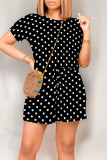 Blue Casual Print Polka Dot Draw String Contrast O Neck Loose Rompers
