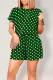 Green Casual Print Polka Dot Draw String Contrast O Neck Loose Rompers
