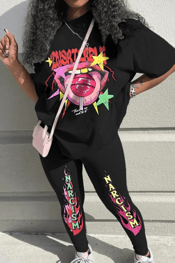 Black Casual Print Patchwork O Neck Half Sleeve Two Pieces