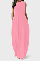 Pink Casual Solid Color Pocket O Neck Vest Dresses