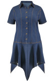 Deep Blue Street Solid Color Buckle Patchwork Ruched Turndown Collar Irregular Plus Size Dresses