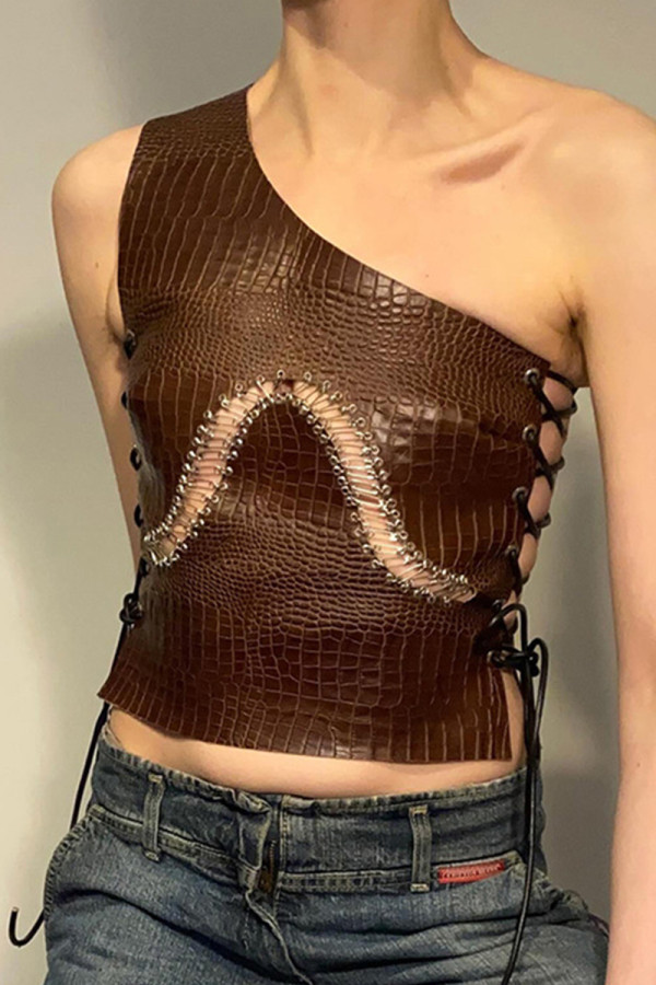 Brown Street Solid Color Hollow Out Patchwork Cross Straps Oblique Collar Tops