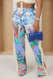 Multicolor Casual Print Fringed Trim Buttons Patchwork Zipper Regular High Waist Straight Full Print Bottoms