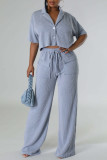 Green Casual Solid Color Pocket Buckle Patchwork Turndown Collar Short Sleeve Two Pieces