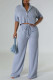 Blue Casual Solid Color Pocket Buckle Patchwork Turndown Collar Short Sleeve Two Pieces