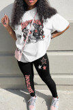 White Casual Print Patchwork O Neck Short Sleeve Two Pieces