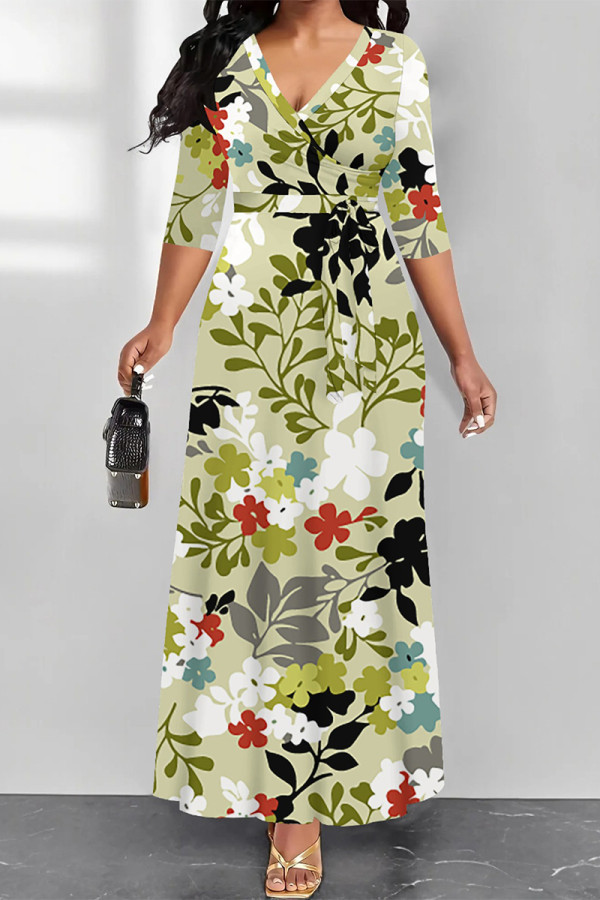 Light Green Elegant Geometric Print Lace Up Contrast V Neck Printed Dresses
