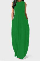 Green Casual Solid Color Pocket O Neck Vest Dresses