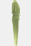 Green Casual Solid Color Pocket Buckle Patchwork Turndown Collar Short Sleeve Two Pieces