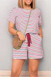 Black Red Casual Striped Patchwork Draw String Pocket O Neck Regular Rompers