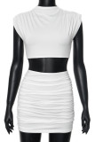 White Sexy Solid Color Patchwork Ruched O Neck Two Pieces