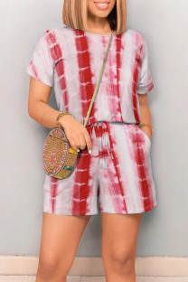 Red Casual Gradient Print Draw String Pocket O Neck Loose Rompers