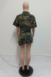 Army Green Sexy Casual Camouflage Print Irregular Turndown Collar Short Sleeve Two Pieces