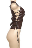 Brown Street Solid Color Hollow Out Patchwork Cross Straps Oblique Collar Tops