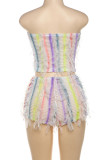 Colour Sexy Fringed Trim Hollow Out Patchwork Strapless Sleeveless Two Pieces