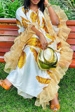 White Street Print Patchwork Ruffled Trim V Neck Long Dresses