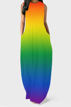 Red Purple Casual Gradient Print Pocket Contrast O Neck Vest Dresses
