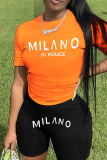 Orange Black Casual Letters Patchwork O Neck Plus Size Two Pieces