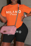 Orange Black Casual Letters Patchwork O Neck Plus Size Two Pieces