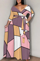 Pink Elegant Print Patchwork Strap Design V Neck Long Plus Size Dresses