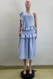 Light Blue Casual Striped Print Patchwork Oblique Collar Sleeveless Dresses