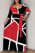 Red White Elegant Print Patchwork Strap Design V Neck Long Plus Size Dresses